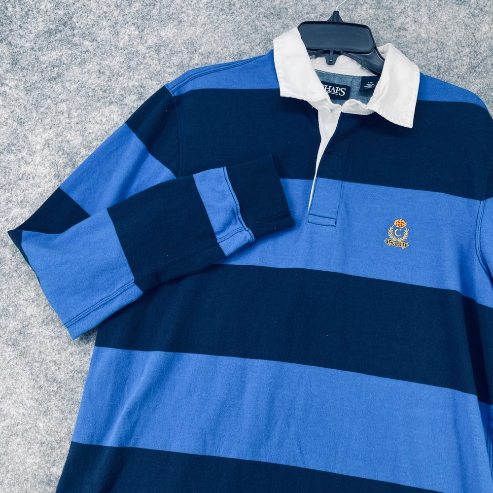 Chaps Rugby Shirt Mens Large Blue Striped Long Sleeve Crest Logo Cotton Preppy